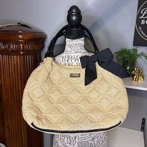 KATE SPADE New York Quilted Coal Satchel Tweed Woven Purse Handbag Bow